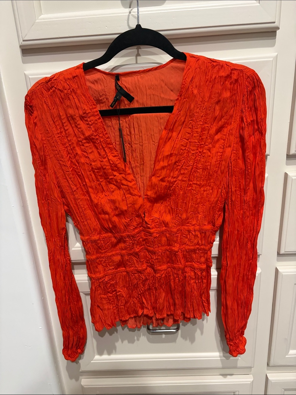Maje Vibrant Orange Crinkle V-Neck Blouse